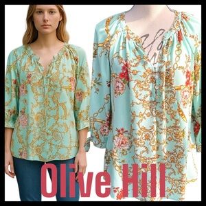 Olive Hill Mint Green/Pink Floral Chain Print 7/8 Tie Cuff Sleeve Boho Top (M)